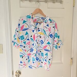Colorful Retro Abstract Pattern Blouse Short Sleeve Button-Down By Josephine